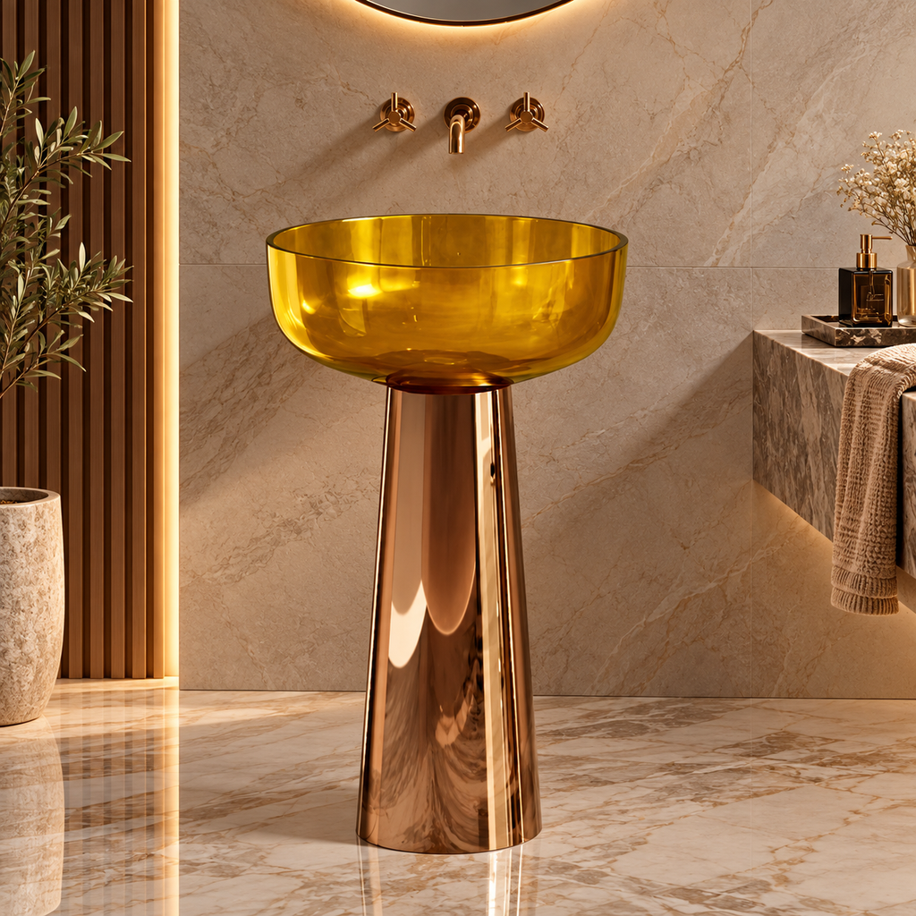 A modern pedestal sink with a translucent amber-yellow glass bowl and a reflective rose-gold metallic base, set in a luxurious bathroom with beige marble walls and floor.