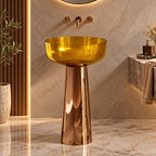 A modern pedestal sink with a translucent amber-yellow glass bowl and a reflective rose-gold metallic base, set in a luxurious bathroom with beige marble walls and floor.