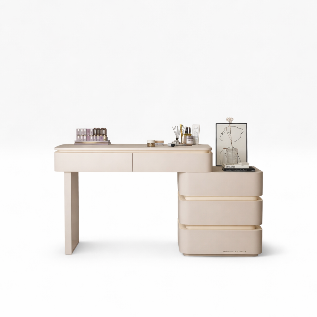 Beige vanity table with cosmetic items on a white background