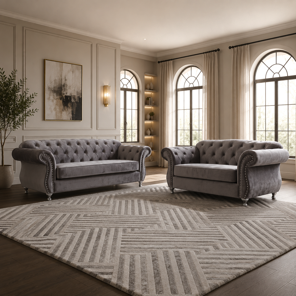 Luxury Chesterfield Velvet Sofa – Dark Grey & Black