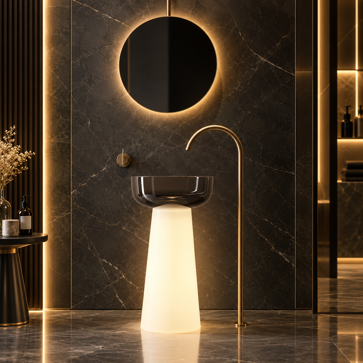 A modern bathroom scene featuring a freestanding pedestal sink with a glowing illuminated base, a curved matte brass faucet, a round backlit wall mirror, and dark marble walls and floor.