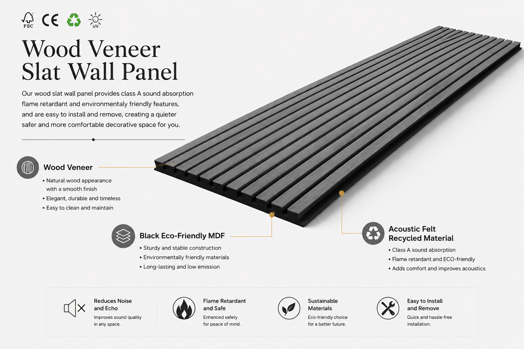 An infographic detailing a wood veneer slat wall panel, showing a 3D perspective of the dark brown wood-look slats with callouts for 'Wood Veneer' and 'Black Eco-Friendly MDF / Acoustic Felt Recycled Material' features on a light gray background.