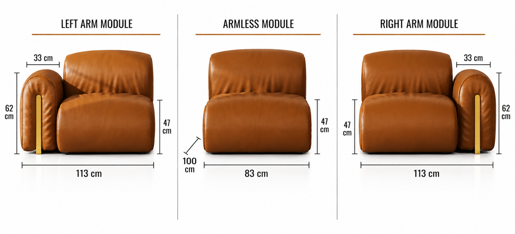 A dimension diagram showing three modular leather armchair sections labeled left arm module, armless module, and right arm module, with measurements in centimeters on a white background.
