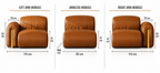 A dimension diagram showing three modular leather armchair sections labeled left arm module, armless module, and right arm module, with measurements in centimeters on a white background.