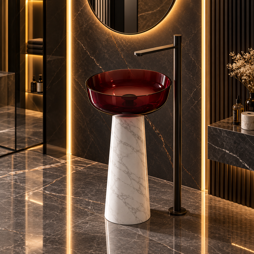 A modern pedestal sink with a translucent deep red glass bowl and a tapered white marble base, paired with a matte black faucet in a luxury bathroom setting with dark marble walls and warm LED lighting.