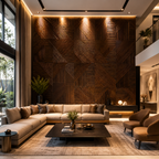 Modern living room with a geometric wooden wall panel and a sectional sofa.