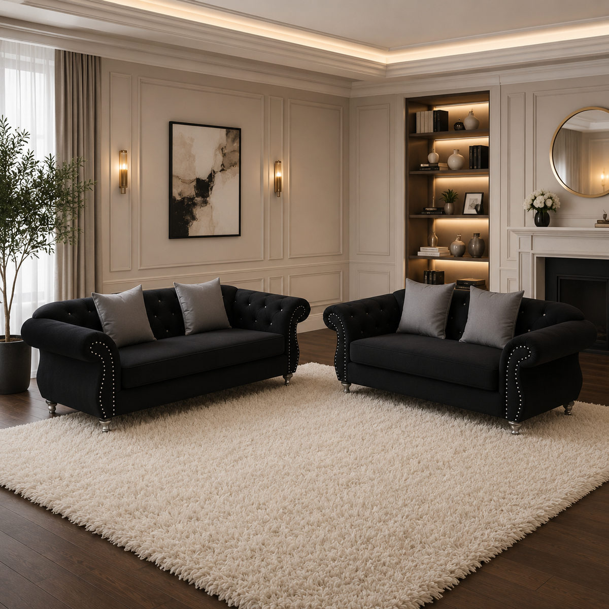Luxury Chesterfield Velvet Sofa – Dark Grey & Black