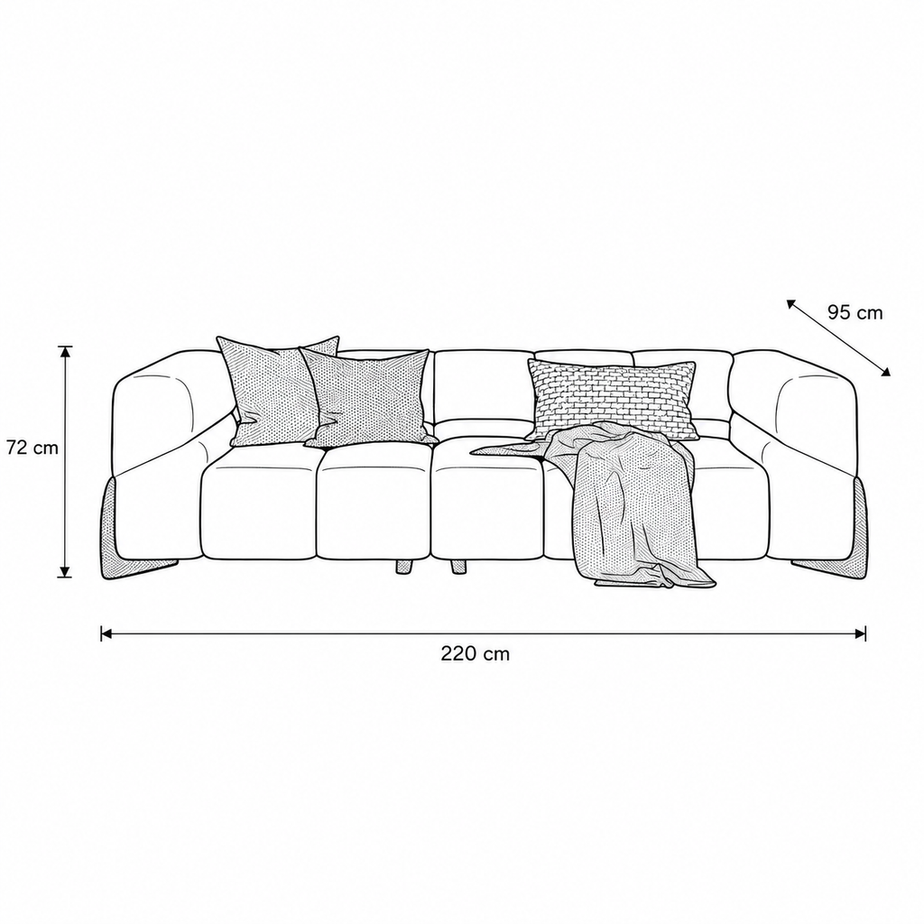 Black and white line drawing of a modern sectional sofa with dimension annotations showing 220 cm width, 72 cm height, and 95 cm depth.
