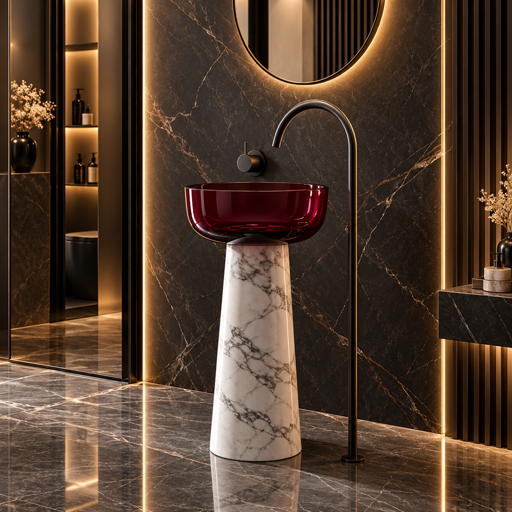 A modern pedestal sink with a deep burgundy glass bowl and a white marble base with gray veining, paired with a tall matte black gooseneck faucet in a luxurious bathroom setting.