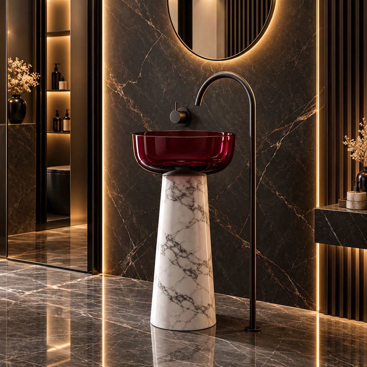 A modern pedestal sink with a deep burgundy glass bowl and a white marble base with gray veining, paired with a tall matte black gooseneck faucet in a luxurious bathroom setting.