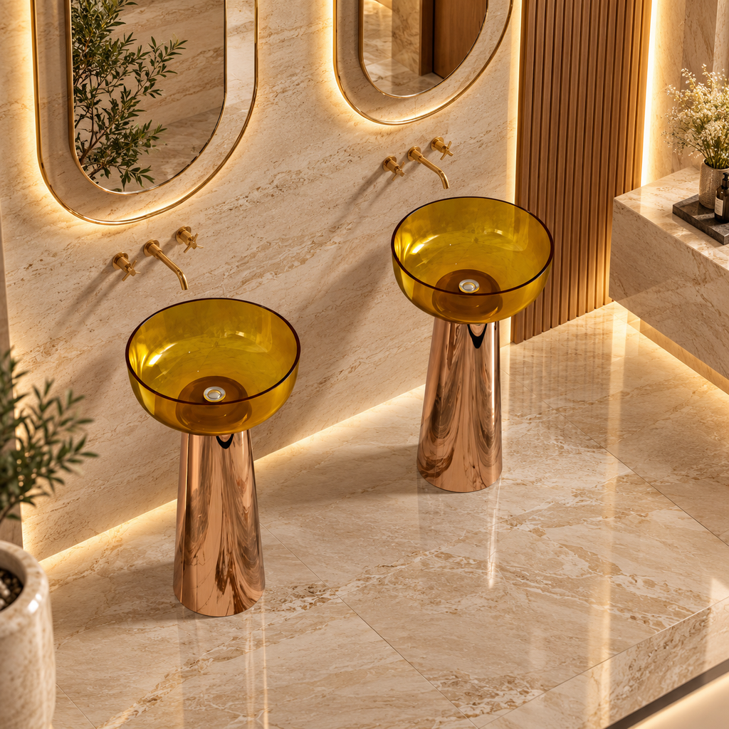 Two modern pedestal sinks with translucent amber-yellow bowls and reflective rose-gold metallic bases, installed in a luxury bathroom with warm ambient lighting and marble tiles.