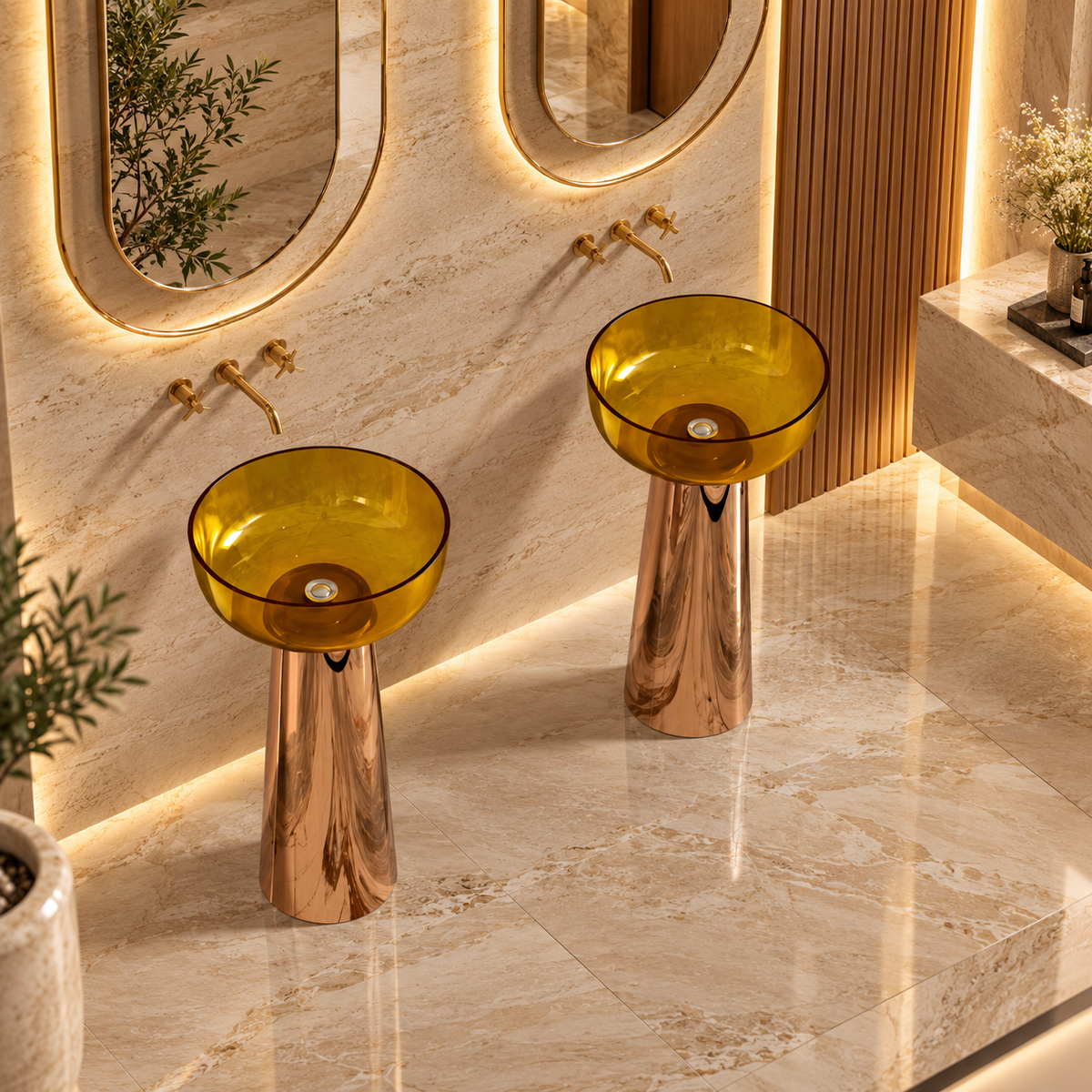 Two modern pedestal sinks with translucent amber-yellow bowls and reflective rose-gold metallic bases, installed in a luxury bathroom with warm ambient lighting and marble tiles.