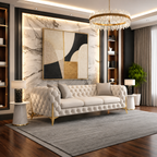 A luxury tufted cream sofa with gold legs in a modern, elegantly decorated living room. The room features a large marble accent wall with abstract art, a gold chandelier, built-in shelves, and a gray area rug.