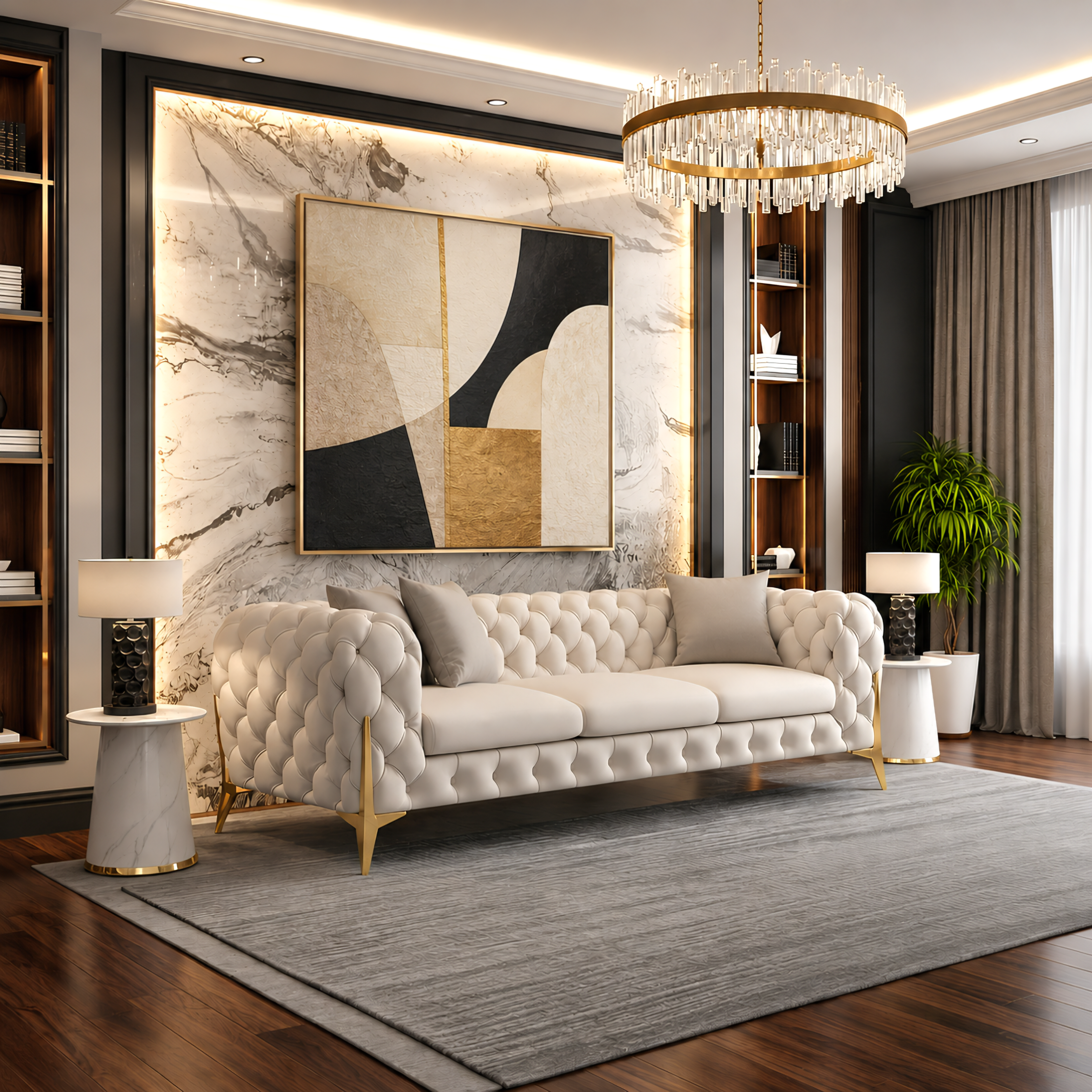 A luxury tufted cream sofa with gold legs in a modern, elegantly decorated living room. The room features a large marble accent wall with abstract art, a gold chandelier, built-in shelves, and a gray area rug.