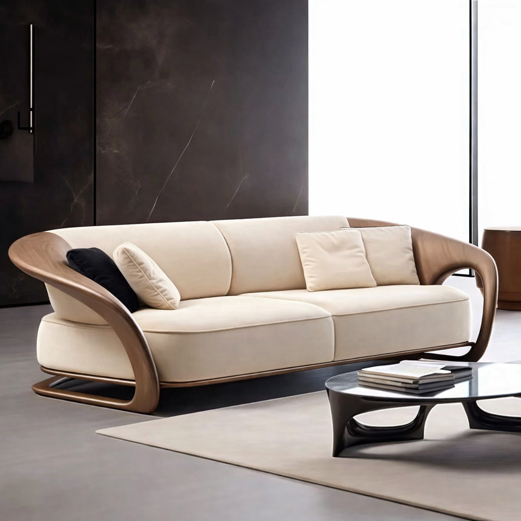 Beige sofa with wooden armrests in a modern living room setting