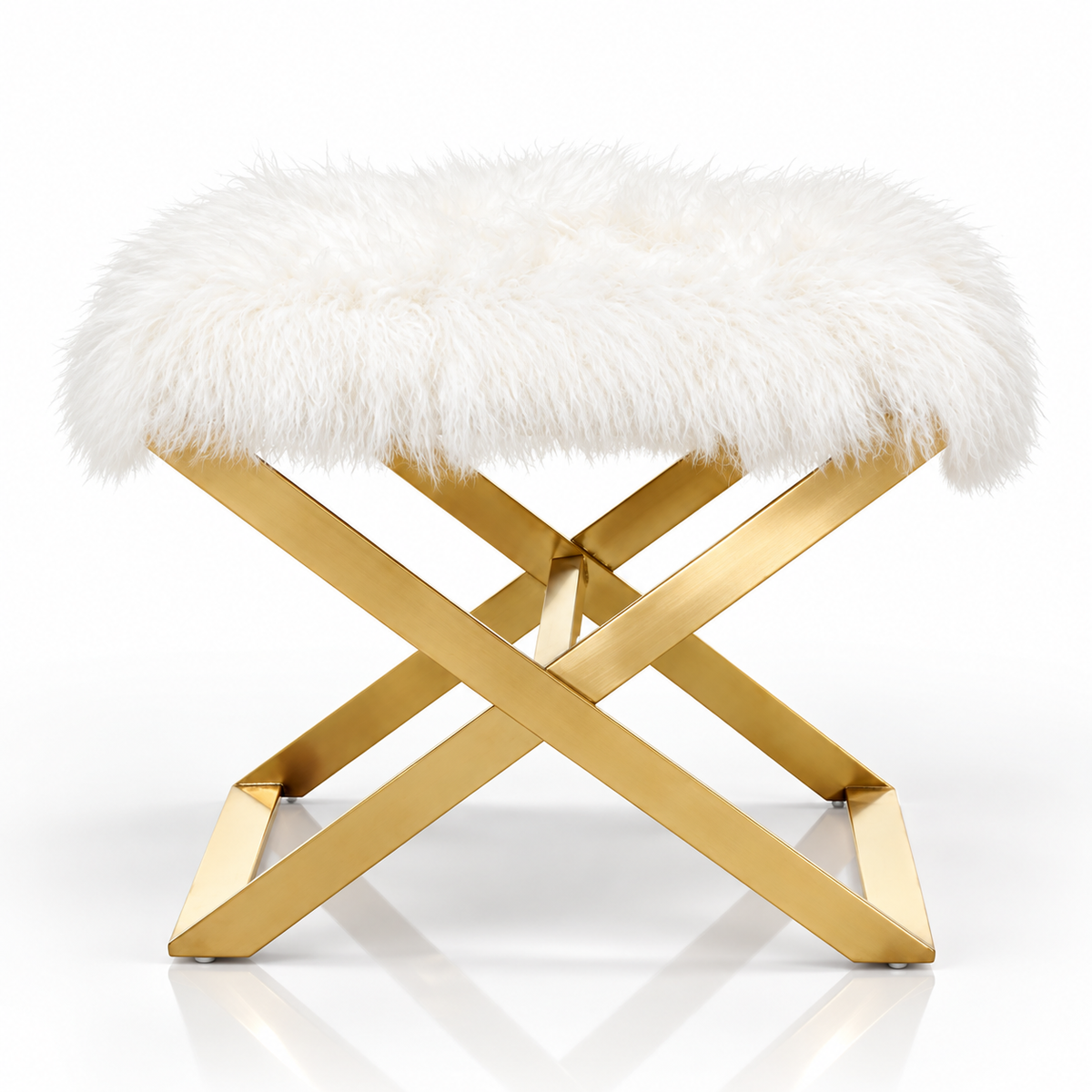White faux fur ottoman with gold X-shaped metal frame on a white background