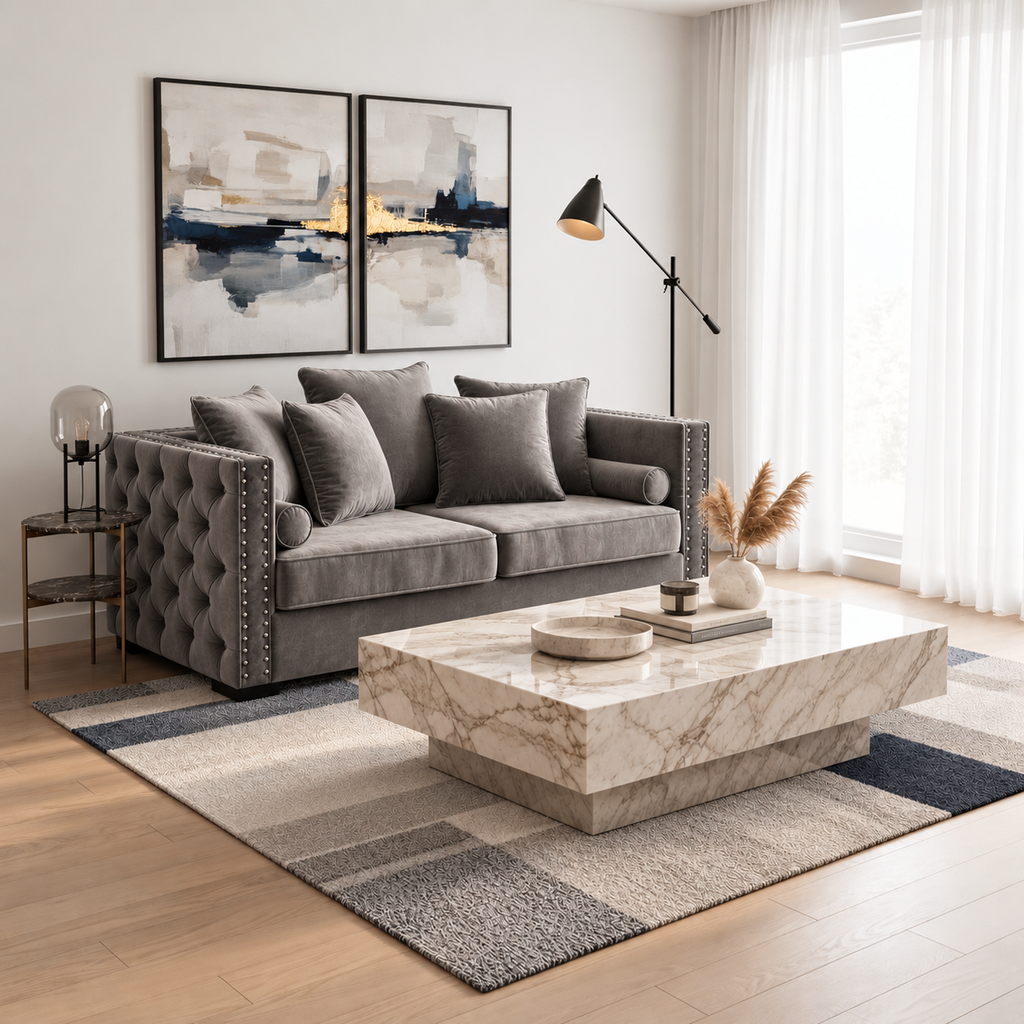 A modern living room scene featuring a gray tufted velvet sofa with nailhead trim, styled with matching gray pillows, a marble coffee table, a striped area rug, and abstract wall art.