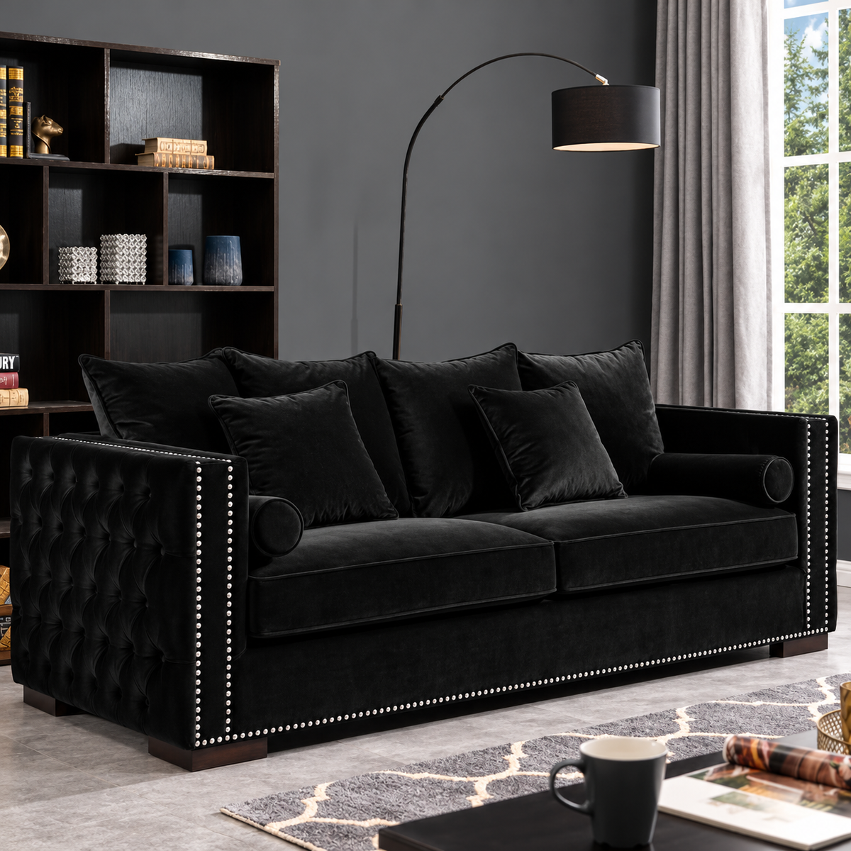 A black velvet loveseat sofa with tufted armrests and silver nailhead trim, styled in a modern living room setting with a bookshelf, floor lamp, and window.