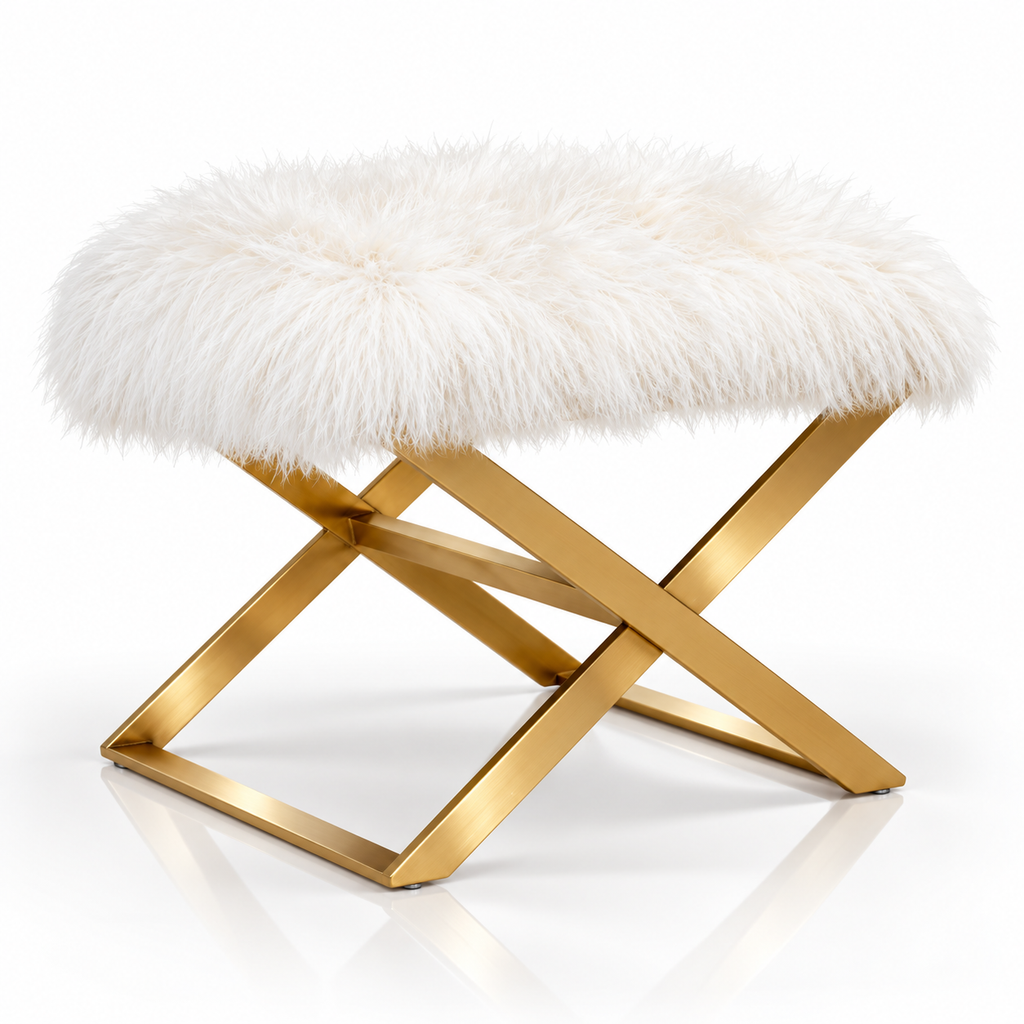 White faux fur ottoman with polished gold geometric frame shown from a three-quarter angle