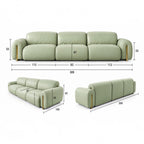 A three-seat sofa shown from multiple angles with dimension callouts on a white background. The sofa is upholstered in a pale sage green material with slim metallic gold legs.