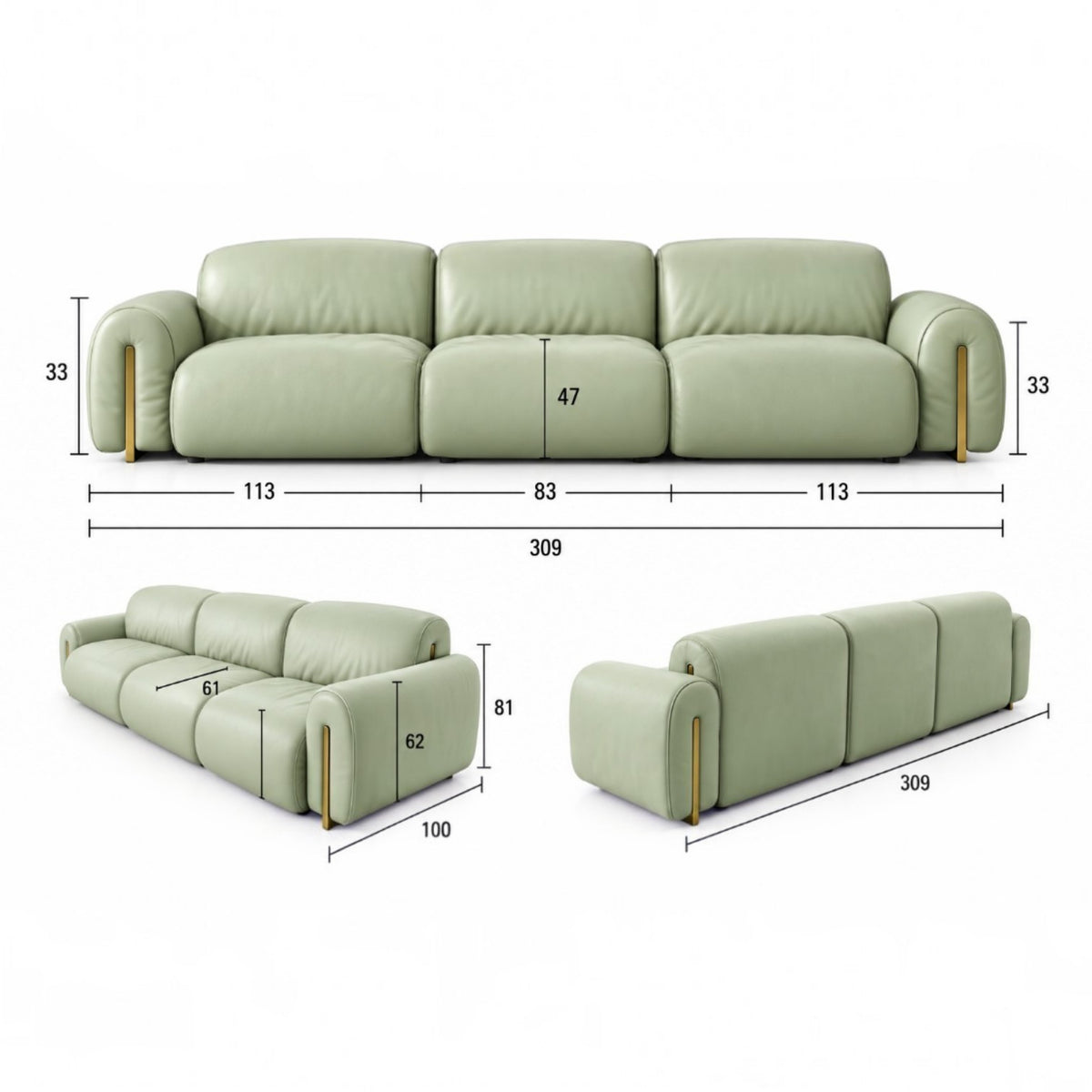 A three-seat sofa shown from multiple angles with dimension callouts on a white background. The sofa is upholstered in a pale sage green material with slim metallic gold legs.