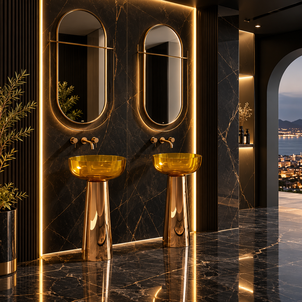 Two modern pedestal sinks with reflective gold bases and translucent amber bowls, mounted on a dark marble wall with illuminated mirrors and warm LED lighting.