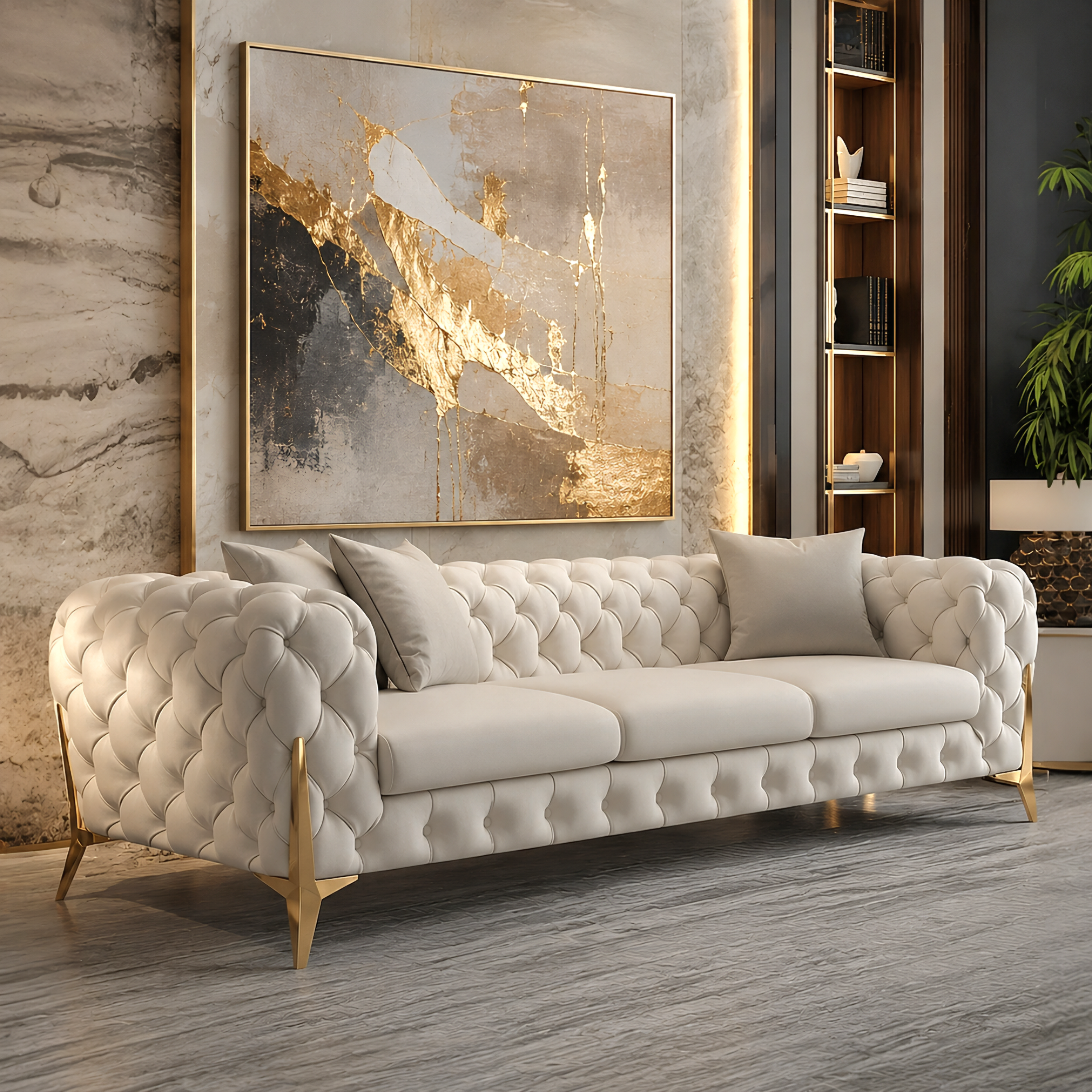 A luxury tufted sofa in off-white with gold legs, styled in a modern, elegant living room setting with a large abstract gold and gray painting on the wall.