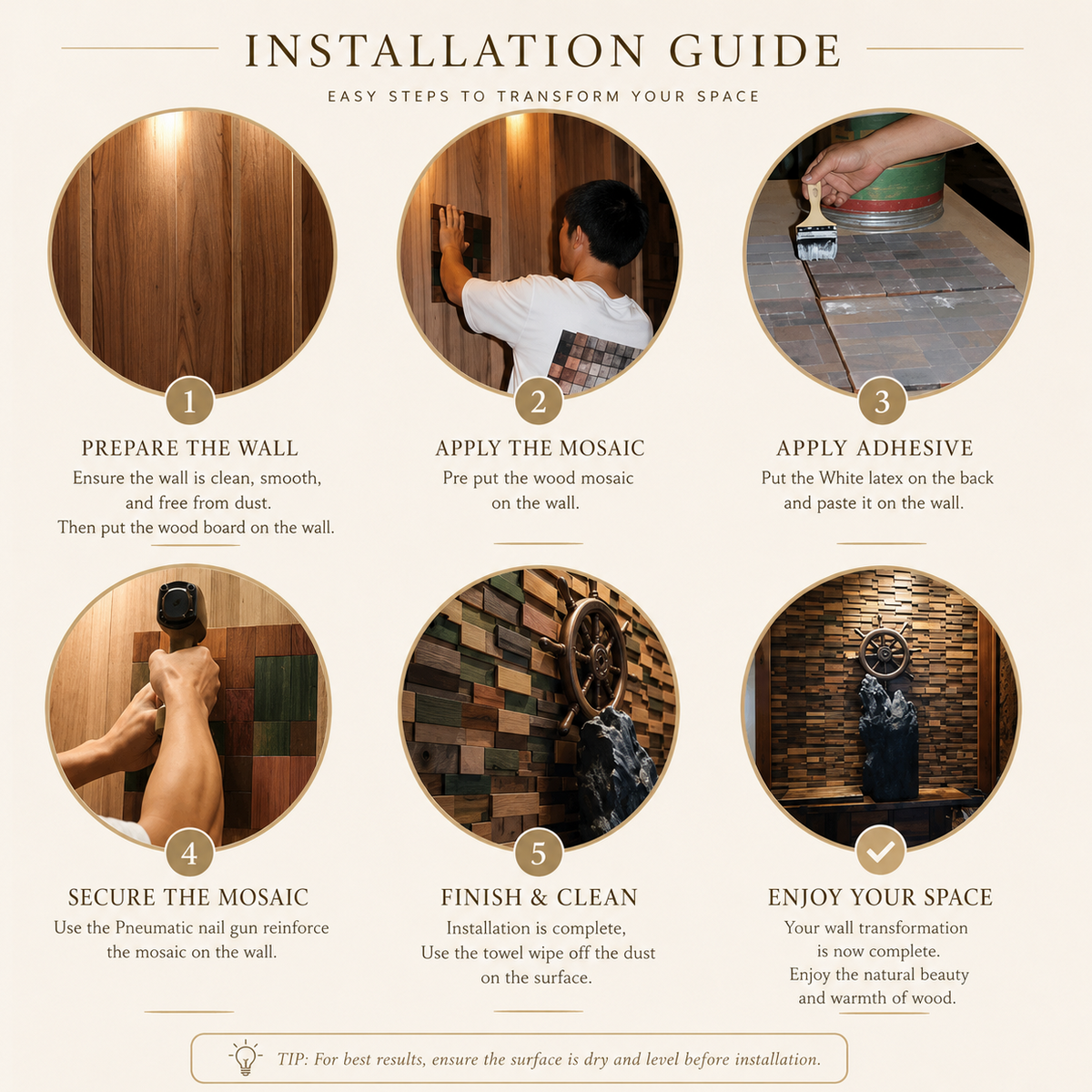 Installation guide for transforming a space with wooden mosaic tiles, showing steps and tips.