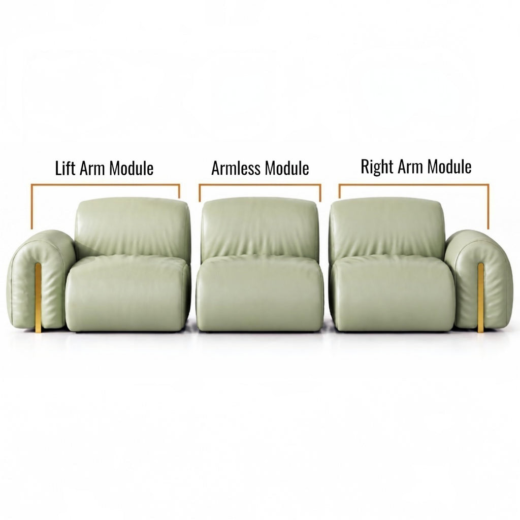 A three-seat sofa shown on a white background with labeled callouts for Lift Arm Module, Armless Module, and Right Arm Module, indicating modular arm and seat options.