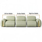A three-seat sofa shown on a white background with labeled callouts for Lift Arm Module, Armless Module, and Right Arm Module, indicating modular arm and seat options.