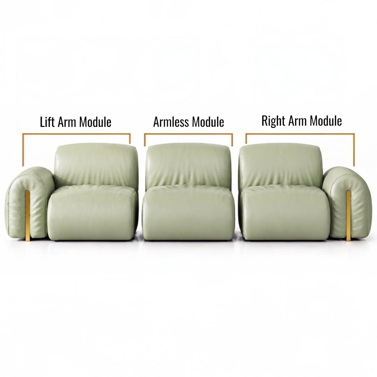 A three-seat sofa shown on a white background with labeled callouts for Lift Arm Module, Armless Module, and Right Arm Module, indicating modular arm and seat options.