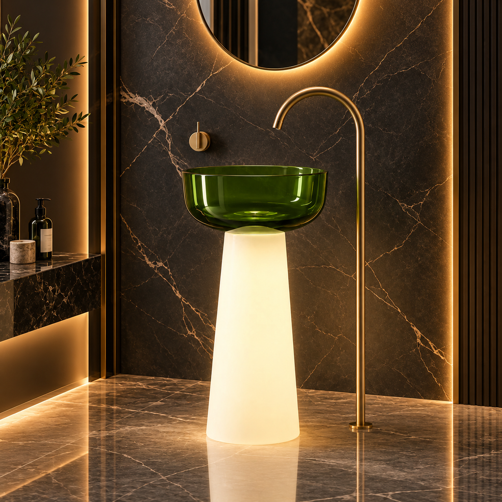 A modern pedestal bathroom sink with a translucent green glass bowl basin mounted on a glowing white illuminated cone base, paired with a curved brushed brass faucet, set against a dark marble wall with warm ambient lighting.