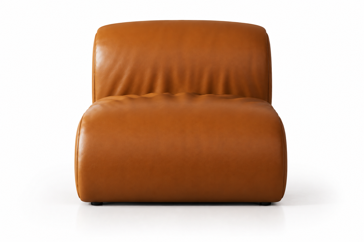 A modern low-profile armchair upholstered in smooth cognac brown leather, shown from a front-facing perspective on a clean white background.