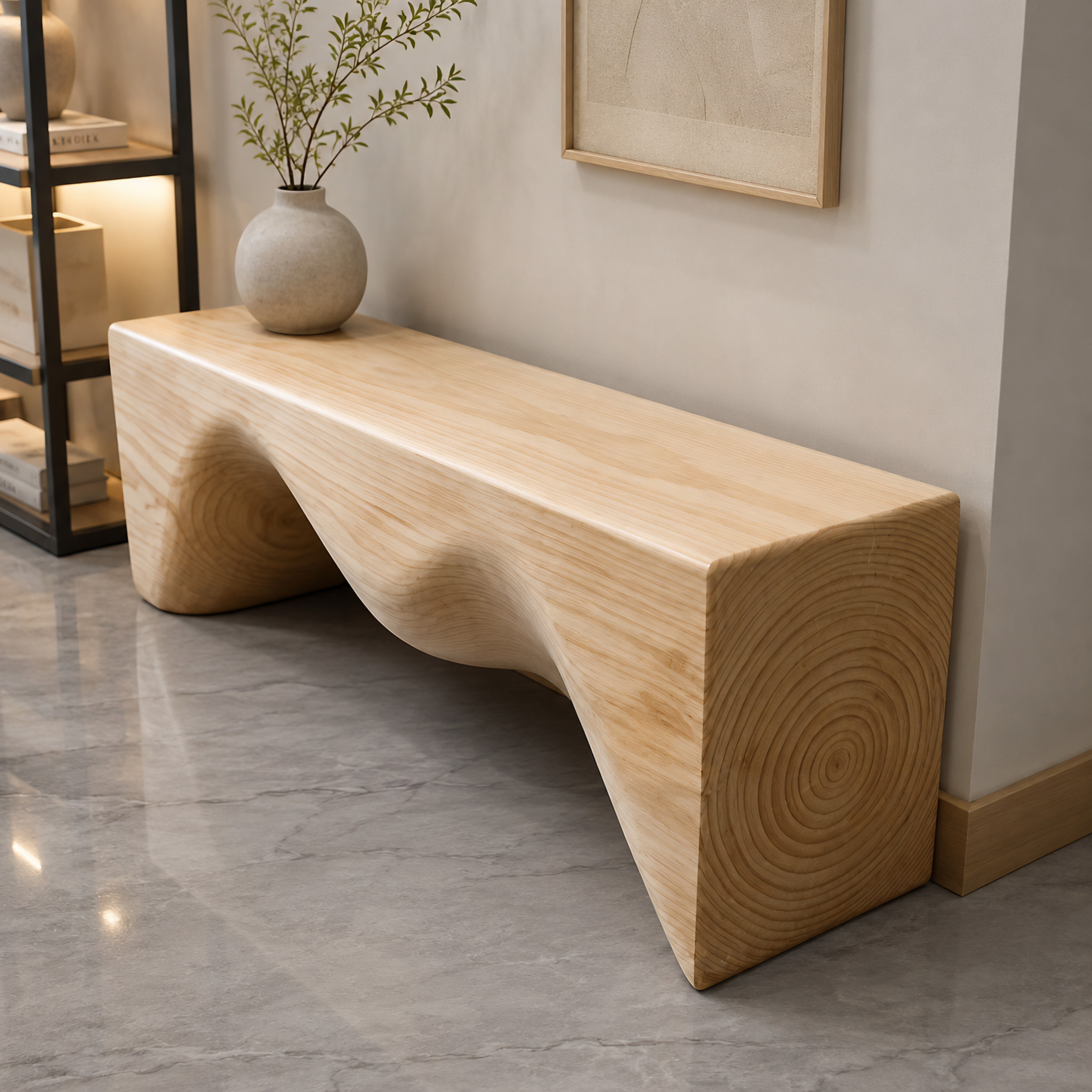 Wooden bench with a vase on a marble floor in a modern interior setting