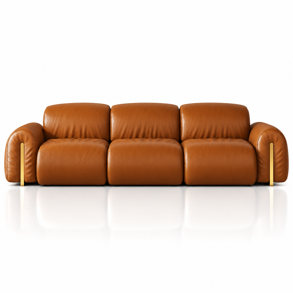 A modern three-seater sofa upholstered in smooth tan leather with rounded arms and slim gold metal legs, shown on a clean white background with a soft reflection below.