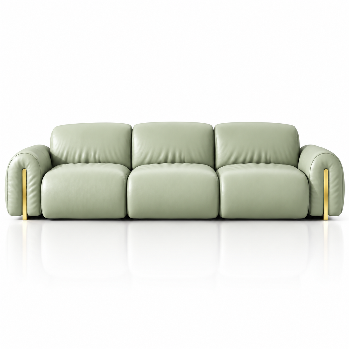 A modern three-seat sofa upholstered in light sage green leather, featuring rounded arms and slim gold metal legs, shown against a clean white background with a soft reflection below.
