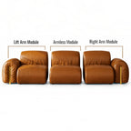 A three-module modular leather sofa shown on a white background with text labels indicating 'Lift Arm Module', 'Armless Module', and 'Right Arm Module'.