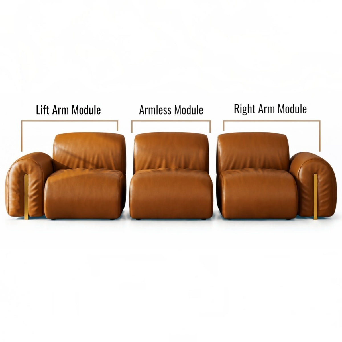 A three-module modular leather sofa shown on a white background with text labels indicating 'Lift Arm Module', 'Armless Module', and 'Right Arm Module'.