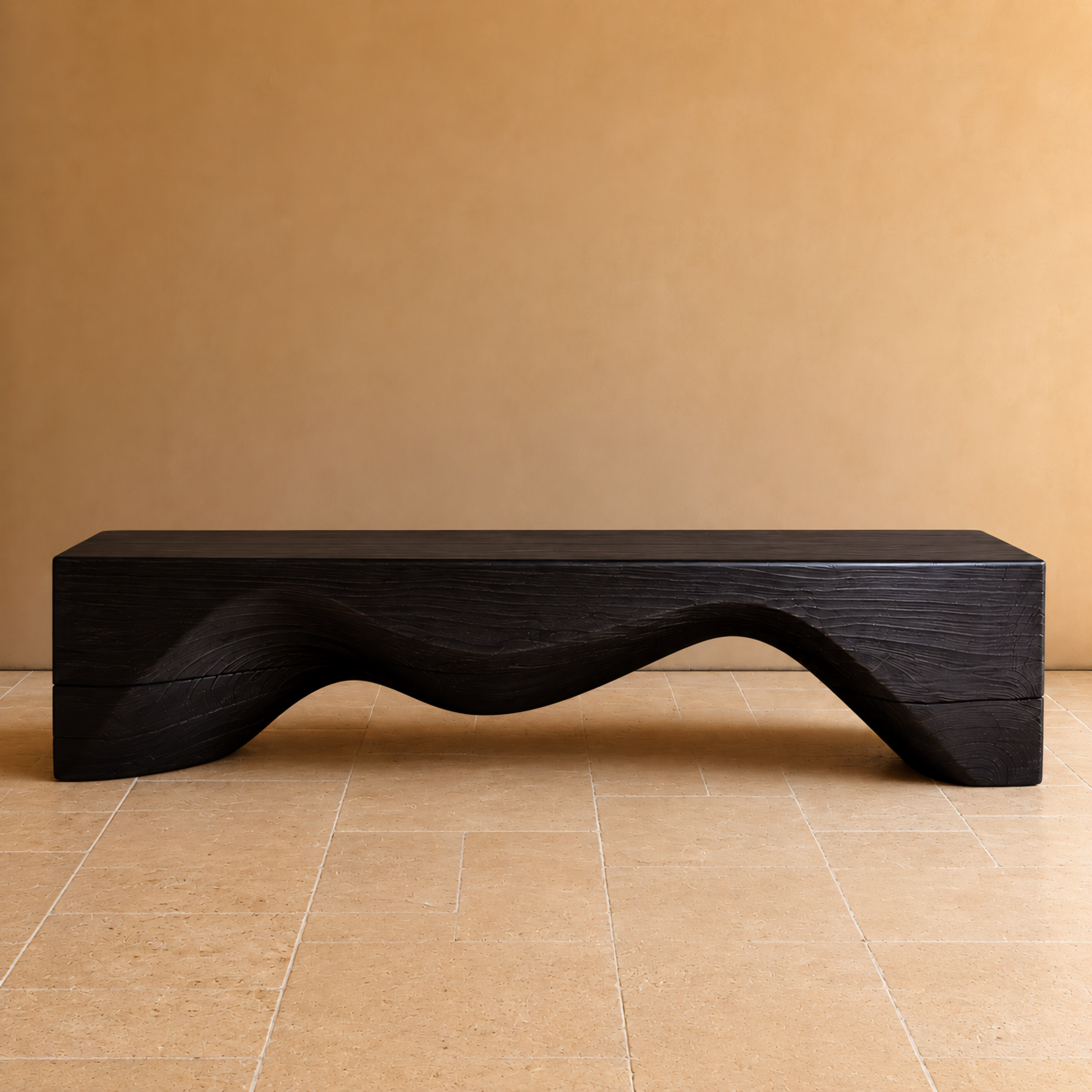 Black wavy bench on a beige floor with a beige wall background
