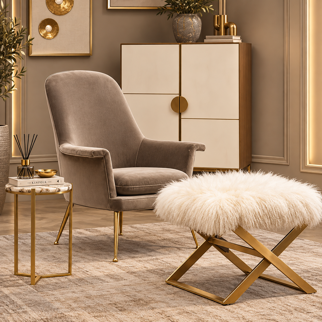 Luxury white faux fur ottoman with gold geometric frame in an elegant modern living room