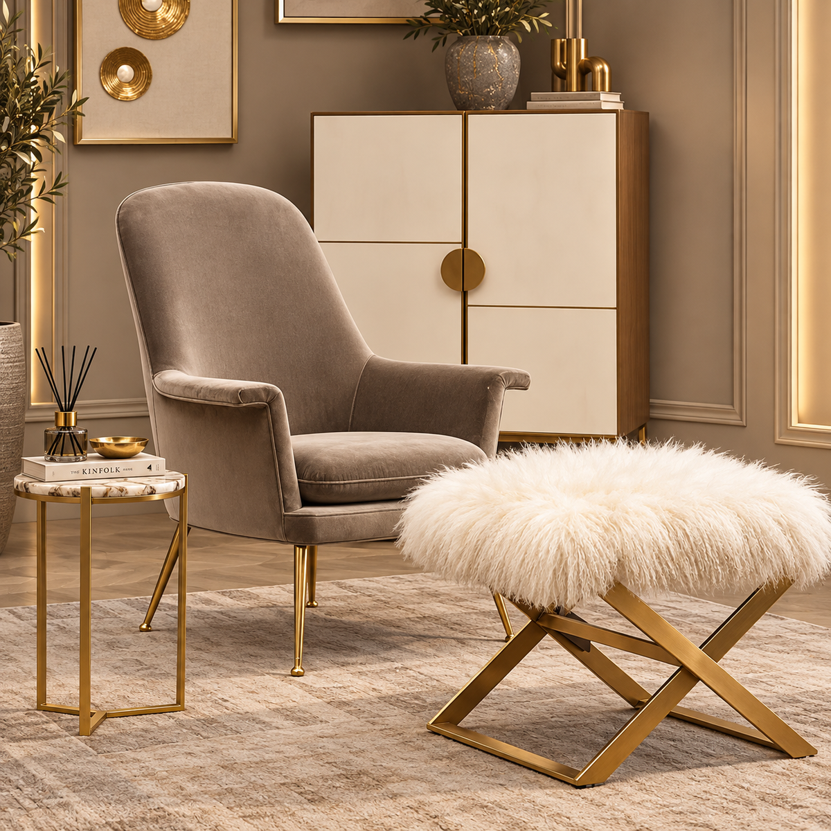 Luxury white faux fur ottoman with gold geometric frame in an elegant modern living room