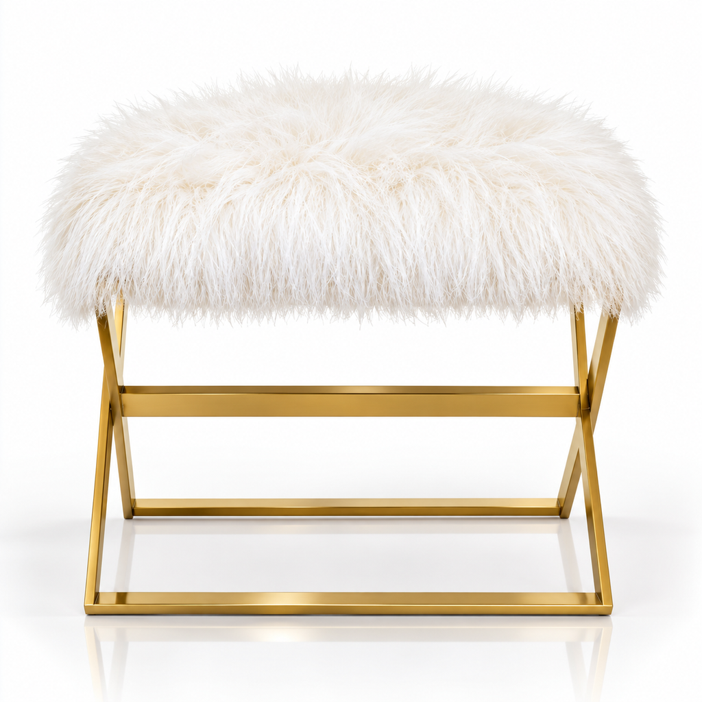 White faux fur ottoman with gold X-shaped metal frame on a white background