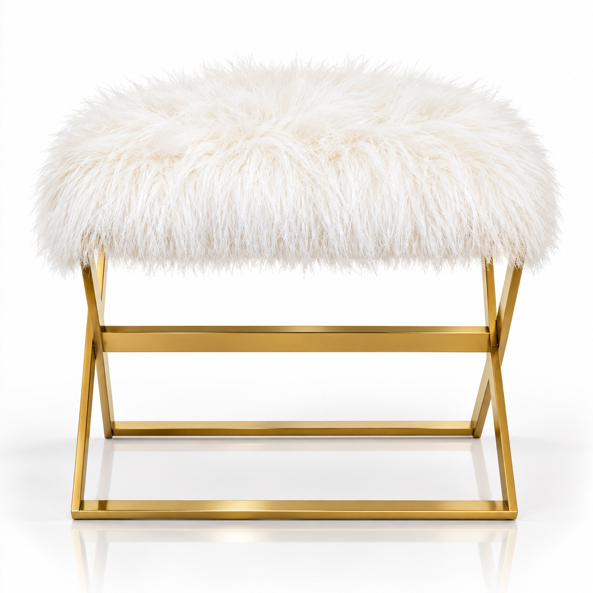 White faux fur ottoman with gold X-shaped metal frame on a white background