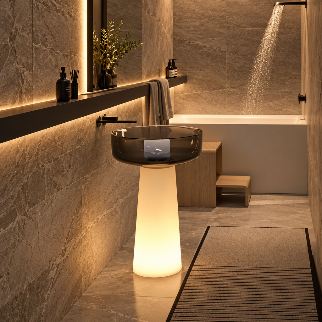 A modern bathroom scene featuring a glowing illuminated pedestal sink with a dark glass bowl, set against warm stone tile walls and floor. A bathtub with a shower head is visible in the background, along with a dark shelf, bottles, and a bath mat.