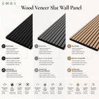 A product information infographic for a Wood Veneer Slat Wall Panel, showing three different wood veneer finish options (black, dark brown, and light brown) with detailed feature callouts for each.