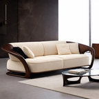 Beige sofa with wooden armrests in a modern living room setting