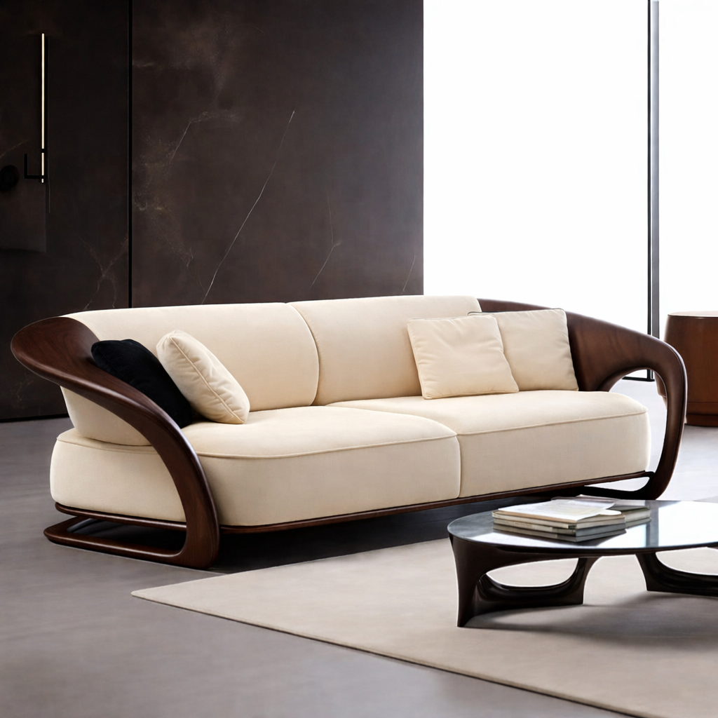 Beige sofa with wooden armrests in a modern living room setting
