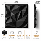 Black 3D geometric wall panels shown with dimension callouts and feature icons. The image includes measurements of 11.