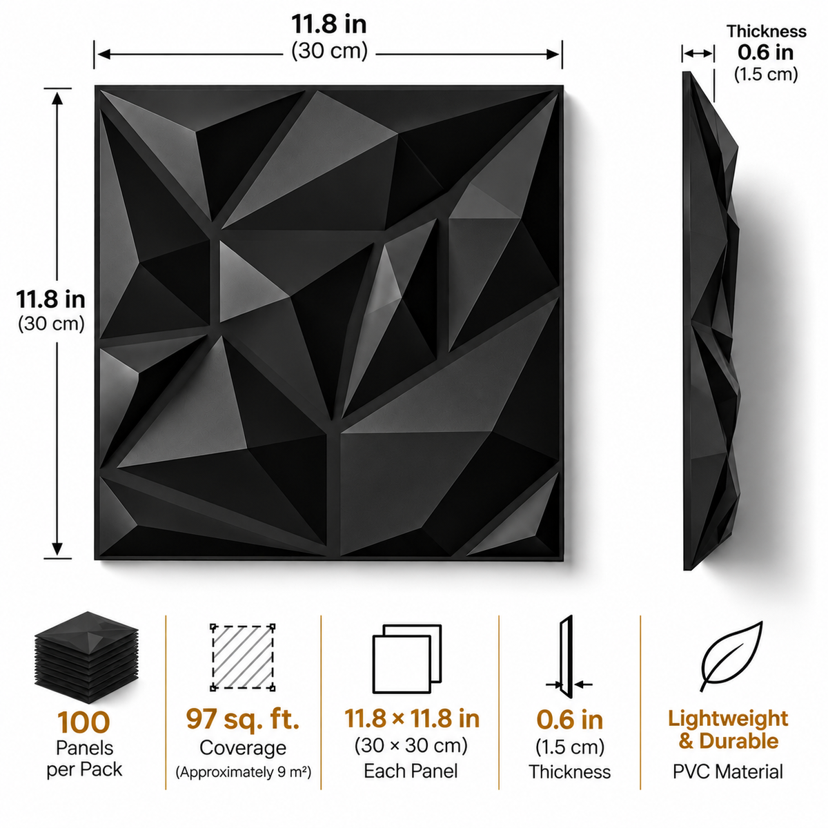 Black 3D geometric wall panels shown with dimension callouts and feature icons. The image includes measurements of 11.