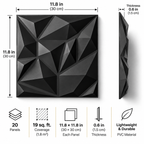 Black 3D geometric wall panels shown with dimension callouts and feature icons. The image includes a front view, side profile, measurements of 11.